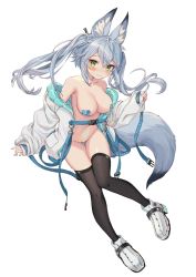 Rule 34 | 1girl, alternate breast size, animal ear fluff, animal ears, armpits, bare shoulders, black thighhighs, blue hair, blush, breasts, cleavage, collarbone, floating hair, fox ears, fox girl, fox tail, full body, glowing tattoo, green eyes, grin, groin, hair ornament, heart pasties, highres, iwashimizu (vrchat), jacket, large breasts, large tail, long hair, long sleeves, looking at viewer, nail polish, off shoulder, open clothes, open jacket, pasties, pubic tattoo, puffy sleeves, shoes, simple background, smile, solo, strap, sweatdrop, tail, tattoo, thighhighs, thighs, twintails, vrchat, white background, white footwear, white jacket, yu-ri (arium047)