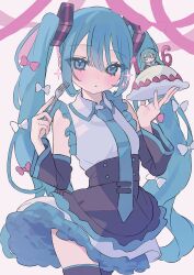 Rule 34 | 1girl, absurdres, aqua eyes, aqua hair, aqua necktie, birthday, blush, bow, cake, commentary, cowboy shot, detached sleeves, expressionless, food, fork, frilled shirt, frills, hair bow, hakudaku, hatsune miku, high-waist skirt, highres, holding, holding fork, holding plate, long hair, looking at viewer, miniskirt, multiple hair bows, necktie, parted lips, pink bow, plate, shirt, skirt, sleeveless, sleeveless shirt, solo, sparkle, thighhighs, twintails, very long hair, vocaloid, white bow, zettai ryouiki
