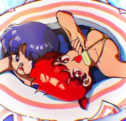 Rule 34 | 2girls, blue eyes, blue hair, breasts, food, happy, highres, looking at another, looking at viewer, luuxiriver, multiple girls, open mouth, popsicle, ranma-chan, ranma 1/2, red eyes, red hair, saotome ranma, tendou akane, water