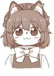 Rule 34 | 1girl, :3, animal ear fluff, animal ears, blush stickers, bow, bowtie, cat ears, chen, closed mouth, earrings, hat, jewelry, looking at viewer, monochrome, mob cap, poronegi, portrait, short hair, simple background, single earring, smile, solo, touhou, vest, white background