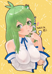 Rule 34 | 1girl, ahoge, arm under breasts, blush, breasts, collared shirt, commentary request, covered erect nipples, cropped torso, crossed bangs, dated, detached sleeves, finger to mouth, fingernails, frog hair ornament, green eyes, green hair, hair ornament, heart, highres, kei jiei, kochiya sanae, large breasts, long hair, looking to the side, open mouth, shirt, sidelocks, single hair tube, sleeveless, sleeveless shirt, snake hair ornament, solo, touhou, upper body, white shirt, white sleeves, yellow background
