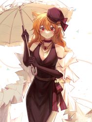 Rule 34 | 1girl, animal ear fluff, animal ears, anyedeju, arknights, bare shoulders, black choker, black dress, black gloves, black headwear, blonde hair, breasts, choker, cleavage, closed mouth, cowboy shot, dress, elbow gloves, gloves, hair between eyes, highres, holding, holding umbrella, jewelry, large breasts, long hair, looking at viewer, medium breasts, necklace, official alternate costume, parasol, pelvic curtain, photoshop (medium), red eyes, simple background, smile, solo, sora (arknights), sora (melodiosa) (arknights), umbrella, white background, wolf ears