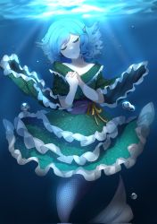Rule 34 | 1girl, air bubble, aqua hair, bare shoulders, breasts, bubble, closed eyes, commentary request, eyebrows hidden by hair, fins, frills, green kimono, hair between eyes, hands up, head fins, head tilt, highres, japanese clothes, kimono, light blush, light rays, majime joe, medium hair, mermaid, monster girl, obi, own hands clasped, own hands together, parted lips, sash, sleeves past elbows, small breasts, solo, swept bangs, touhou, underwater, wakasagihime, wide sleeves