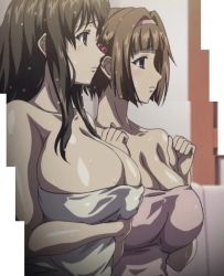 Rule 34 | 2girls, breasts, brown hair, cleavage, female focus, huge breasts, kyonyuu daikazoku saimin, kyonyuu kazoku saimin, mamiya akiha, mamiya mifuyu, mature female, mother and daughter, multiple girls, stitched, third-party edit, towel