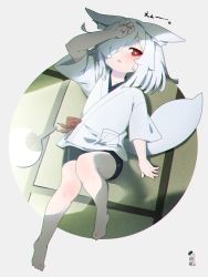 Rule 34 | 1girl, animal ears, arm up, barefoot, bike shorts, black shorts, chromatic aberration, fox ears, fox girl, fox tail, full body, grey background, hair over one eye, hand fan, hand on own forehead, hand on own head, highres, japanese clothes, kuro kosyou, looking at viewer, lying, on back, on floor, original, paper fan, red eyes, short eyebrows, short hair, shorts, solo, tail, tatami, uchiwa, white hair