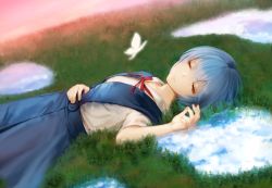 Rule 34 | 160 (observer j), 1girl, ayanami rei, blue hair, blue skirt, breasts, bug, butterfly, collarbone, commentary request, eyelashes, glowing, half-closed eyes, hand up, insect, light blue hair, medium skirt, neck ribbon, neon genesis evangelion, on grass, outdoors, pleated skirt, realistic, red eyes, red ribbon, ribbon, shirt, shirt tucked in, short hair, short sleeves, skirt, small breasts, solo, suspender skirt, suspenders, very short hair, white shirt