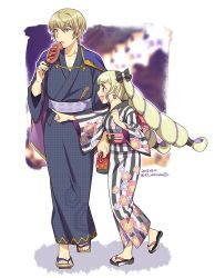 Rule 34 | black bow, blonde hair, bow, brother and sister, dated, earrings, elise (fire emblem), fire emblem, fire emblem fates, fire emblem heroes, floral print, from side, geta, gold trim, hair bow, hiwa kurige, ikayaki, japanese clothes, jewelry, kimono, kinchaku, leo (fire emblem), long hair, multicolored hair, nintendo, obi, open mouth, pointing, pouch, purple eyes, purple hair, sandals, sash, short hair, siblings, standing, summer festival, twintails, twitter username, unmoving pattern, very long hair, wide sleeves, yukata