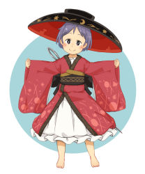 Rule 34 | 1girl, barefoot, blush, bowl, bowl hat, bright pupils, chii-kun (seedyoulater), closed mouth, full body, hat, highres, japanese clothes, kimono, long sleeves, needle, obi, outstretched arms, pinching sleeves, purple eyes, purple hair, sash, short hair, simple background, smile, solo, spread arms, standing, sukuna shinmyoumaru, touhou, two-tone background, white pupils, wide sleeves