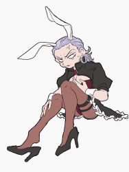Rule 34 | 1boy, ace attorney, anger vein, animal ears, annoyed, belt, black footwear, black skirt, brooch, brown pantyhose, commentary request, crossdressing, extra ears, frilled skirt, frills, gem, grey hair, hair slicked back, hand on own chest, hand on own leg, high heels, highres, jewelry, knees up, leotard, looking at viewer, male focus, male playboy bunny, manfred von karma, mature male, medium hair, mimizuman, miniskirt, pantyhose, rabbit ears, red brooch, red gemstone, red leotard, shoe dangle, shoes, short sleeves, shrug (clothing), simple background, skirt, sleeve cuffs, solo, strapless, strapless leotard, thigh belt, thigh strap, white background