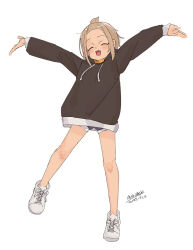 Rule 34 | 1girl, :d, black hoodie, blush, closed eyes, dated, drawstring, full body, hood, hood down, hoodie, legs, light brown hair, maze (gochama ze gohan), open mouth, original, outstretched arms, shoes, short shorts, shorts, signature, simple background, smile, solo, spread arms, standing, standing on one leg, topknot, white background, white footwear