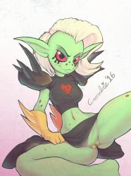 Rule 34 | 1girl, absurdres, arm behind back, armor, artist name, ass, black eyes, black shirt, black skirt, blush, breasts, clitoris, colored sclera, colored skin, crombie, dated, freckles, gloves, green skin, heart, highres, looking at viewer, lord dominator, medium breasts, navel, pointy ears, presenting, pussy, red sclera, shirt, short hair, short sleeves, shoulder armor, shoulder pads, shoulder spikes, signature, simple background, sitting, skirt, smile, solo, spikes, spread legs, text focus, uncensored, upskirt, wander over yonder, white background, white hair, yellow gloves