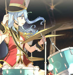 Rule 34 | 1girl, aoiro 050, armor, bang dream!, blue hair, blurry, depth of field, drum, drum set, drumming, drumsticks, hat, highres, indoors, instrument, long hair, matsubara kanon, music, open mouth, pauldrons, playing instrument, profile, purple eyes, shoulder armor, side ponytail, solo, sweat, upper body, wrist cuffs