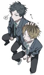 Rule 34 | 2boys, black hair, blonde hair, from above, full body, given, green necktie, headpat, highres, kashima hiiragi (given), male focus, motion lines, multicolored hair, multiple boys, necktie, oishii dk, school uniform, sitting, sound effects, spoken animal, streaked hair, translation request, white background, yagi shizusumi (given), yaoi