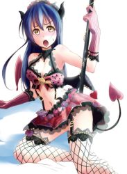 Rule 34 | 10s, 1girl, ayase eli, ayase eli (cosplay), bare shoulders, blue hair, commentary request, cosplay, demon girl, demon horns, demon tail, demon wings, fishnets, floral print, flower, frills, garter straps, gloves, hair between eyes, hair ornament, heart, holding, horns, lace, lace-trimmed legwear, lace trim, long hair, looking at viewer, love live!, love live! school idol festival, love live! school idol project, lying, navel, open mouth, skirt, solo, sonoda umi, suspender skirt, suspenders, tail, thighhighs, urutsu sahari, wings, yellow eyes