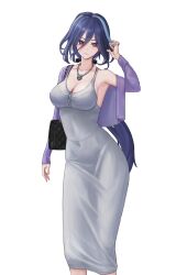 Rule 34 | 1girl, absurdres, armpits, blue hair, breasts, cleavage, clorinde (genshin impact), commentary request, dongtan dress, dress, feet out of frame, genshin impact, grey dress, highres, ilbanseomin, jacket, jewelry, large breasts, long hair, long sleeves, looking at viewer, meme attire, necklace, off shoulder, purple eyes, purple jacket, simple background, single bare shoulder, sleeveless, sleeveless dress, solo, standing, very long hair, white background