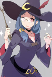 Rule 34 | 10s, 1girl, belt, blue hair, breasts, choker, cleavage, crescent, glasses, hair over shoulder, hat, hat feather, highres, koshou shichimi, little witch academia, medium breasts, open mouth, red eyes, smile, solo, sparkle, sweatdrop, ursula callistis, wand, wide sleeves, witch, witch hat