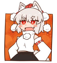 Rule 34 | 1girl, :d, animal ear fluff, animal ears, arms behind back, bare shoulders, black skirt, blush, border, bright pupils, detached sleeves, fang, galvez, grey hair, hat, highres, inubashiri momiji, looking ahead, midriff peek, open mouth, orange background, pom pom (clothes), red eyes, red ribbon, ribbon, ribbon-trimmed sleeves, ribbon trim, shirt, short hair, skirt, sleeveless, sleeveless shirt, smile, solo, tail, tokin hat, touhou, turtleneck, upper body, white border, white pupils, white shirt, white sleeves, wolf ears, wolf girl, wolf tail