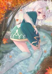 Rule 34 | 1girl, :o, antenna hair, arm support, ass, autumn leaves, bare legs, barefoot, blush, detached sleeves, dress, elf, flower, from behind, green dress, green sleeves, hair between eyes, hair flower, hair ornament, highres, kneeling, kokkoro (princess connect!), leaf, light purple hair, looking at viewer, looking back, maple leaf, open mouth, outdoors, partially submerged, pointy ears, princess connect!, rock, see-through, see-through sleeves, short hair, signature, stream, teren, tree