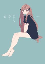 Rule 34 | 1girl, :q, ahoge, aqua background, artist name, bare arms, bare legs, barefoot, between legs, black shirt, blunt bangs, bottomless, brown eyes, brown hair, commentary request, feet, full body, hair ribbon, hand between legs, highres, invisible chair, long hair, looking at viewer, maco22, original, ribbon, shirt, short sleeves, signature, simple background, sitting, smile, solo, star (symbol), toes, tongue, tongue out, twintails, very long hair