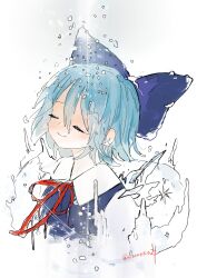 Rule 34 | 1girl, absurdres, blue bow, blue dress, blue hair, bow, cirno, closed eyes, closed mouth, collared shirt, dress, fairy, hair between eyes, hair bow, highres, ice, ice wings, niseneko (mofumofu ga ienai), portrait, shirt, short hair, simple background, smile, solo, touhou, twitter username, white background, white shirt, wings