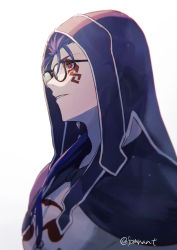 Rule 34 | 1boy, absurdres, blue hair, chest tattoo, cu chulainn (fate), cu chulainn (fate) (all), cu chulainn (fate/stay night), cu chulainn alter (fate), cu chulainn alter (fate/grand order), detached hood, facial mark, fate/grand order, fate (series), fomnant, from side, glasses, hair over shoulder, hair strand, highres, hood, lancer, long hair, looking away, male focus, profile, simple background, solo, tattoo, twitter username, upper body, white background