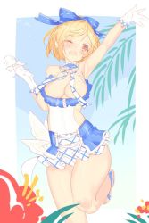 Rule 34 | 10s, 1girl, ;d, adapted costume, argyle, argyle clothes, argyle skirt, arm up, blonde hair, blue ribbon, blush, breasts, cleavage, djeeta (granblue fantasy), eyebrows, flower, gloves, granblue fantasy, hair ribbon, hibiscus, idol, kimi to boku no mirai, koza game, leg up, medium breasts, microphone, miniskirt, one eye closed, open mouth, orange eyes, ribbon, short hair, skirt, smile, solo, standing, standing on one leg, superstar (granblue fantasy), white gloves