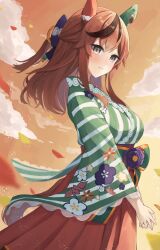 Rule 34 | 1girl, absurdres, animal ears, blurry, blurry background, blush, brown eyes, collarbone, commentary request, ear covers, fidgeting, hair ornament, highres, horse ears, horse girl, japanese clothes, kimono, long hair, looking at viewer, medium hair, nice nature (converging wishes) (umamusume), nice nature (umamusume), official alternate costume, official alternate hairstyle, open mouth, outdoors, red hair, sakura nekko, shrine, solo, sparkle, umamusume