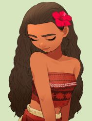 Rule 34 | 1girl, arms at sides, bare arms, bare shoulders, brown hair, closed eyes, curly hair, dark-skinned female, dark skin, disney, eyelashes, flower, grey background, hair flower, hair ornament, hair slicked back, head tilt, hibiscus, light smile, long hair, midriff, moana (movie), moana waialiki, pano (mohayayamai), red flower, simple background, solo, strapless, thick eyebrows, tube top, upper body