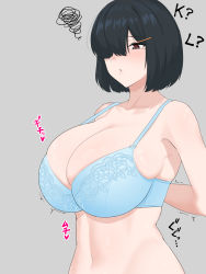 Rule 34 | 1girl, black hair, blue bra, bra, breasts, bursting breasts, cup size, grey background, hair over one eye, highres, huge breasts, lancer24, midriff, navel, parted lips, short hair, skindentation, sound effects, squiggle, strap gap, trembling, undersized bra, undersized breast cup, undersized clothes, underwear