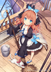 Rule 34 | 1girl, aircraft, airship, akkijin, animal, apron, black dress, blue eyes, blue footwear, blush, bow, broom, brown hair, bucket, cat, company name, copyright name, dress, frilled apron, frilled dress, frills, from above, full body, hair bow, head scarf, holding, holding broom, juliet sleeves, long sleeves, looking at viewer, maid, maid apron, maid headdress, messy hair, orange hair, paw print, puffy sleeves, railing, ribbon, shinkai no valkyrie, shoes, sleeves past wrists, smile, solo, waist apron, waist cape, wing collar, wooden floor