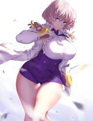 Rule 34 | 1girl, blue eyes, breasts, epaulettes, gloves, gridman universe, highres, jacket, large breasts, light brown hair, long sleeves, looking at viewer, military jacket, mujina, onsoku inu, short hair, short shorts, shorts, solo, ssss.dynazenon, thick thighs, thighs, white gloves, white jacket