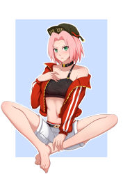 Rule 34 | 1girl, absurdres, alternate costume, bare legs, barefoot, black collar, black hat, blue background, border, breasts, closed mouth, collar, collarbone, full body, green eyes, hair intakes, haruno sakura, hat, heart collar, highres, indian style, jacket, long sleeves, looking at viewer, medium breasts, midriff, naruto (series), naruto shippuuden, navel, off shoulder, open clothes, open jacket, outline, outside border, pink hair, red jacket, red lips, seisen, short hair, short shorts, shorts, sitting, solo, stomach, white border, white shorts