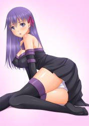 Rule 34 | 1girl, :o, ass, bad id, bad pixiv id, bare shoulders, blush, breasts, chiro, cleavage, cosplay, covered erect nipples, dress, fate/stay night, fate (series), hair ribbon, long hair, looking at viewer, matou sakura, medusa (fate), medusa (rider) (fate), medusa (rider) (fate) (cosplay), nervous, panties, purple eyes, purple hair, ribbon, solo, strapless, strapless dress, tachibana (digital selery), thighhighs, thighs, underwear, white panties