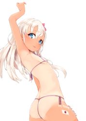 Rule 34 | 1girl, :p, alakoala, arm up, armpits, ass, back, bare shoulders, bikini, blue eyes, blush, bodypaint, breasts, character name, closed mouth, covered erect nipples, cowboy shot, dated, from below, from side, hair between eyes, highres, japanese flag, kantai collection, long hair, looking at viewer, looking down, looking to the side, micro bikini, one-piece tan, purple ribbon, ribbon, ro-500 (kancolle), side-tie bikini bottom, signature, silver hair, simple background, small breasts, smile, solo, swimsuit, tan, tanline, tongue, tongue out, underboob, white background, white bikini