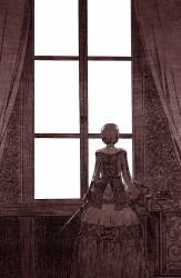Rule 34 | 1girl, curtains, dress, female focus, indoors, jewelry, medieval, meiko (vocaloid), monochrome, necklace, short hair, solo, standing, sword, taichi17, vocaloid, watari taichi, weapon, window