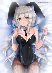 Rule 34 | 1girl, absurdres, alternate costume, animal ears, black leotard, black necktie, blue bow, bow, breasts, cleavage, cowboy shot, detached collar, fishnet pantyhose, fishnets, gluteal fold, grey hair, hair bow, highres, himura moritaka, kantai collection, large breasts, leotard, lying, maryland (kancolle), necktie, pantyhose, playboy bunny, rabbit ears, solo, strapless, strapless leotard, twitter username, wrist cuffs