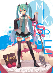 Rule 34 | 10s, 1girl, 2012, aqua eyes, aqua hair, artist name, character name, cherry, detached sleeves, fkey, food, fork, fruit, hand on own hip, hatsune miku, hip focus, in food, long hair, looking at viewer, mini person, minigirl, nail polish, necktie, skirt, solo, standing, thighhighs, twintails, very long hair, vocaloid, zettai ryouiki