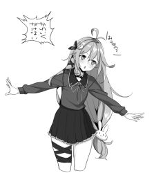 Rule 34 | 1girl, :o, ahoge, antenna hair, crescent, crescent hair ornament, greyscale, hair between eyes, hair ornament, hair ribbon, kantai collection, long hair, long sleeves, low-tied long hair, monochrome, parted lips, pleated skirt, rabbit hair ornament, ribbon, sailor collar, simple background, skirt, solo, sowitchraw (cellphiena), thigh strap, translation request, uzuki (kancolle)
