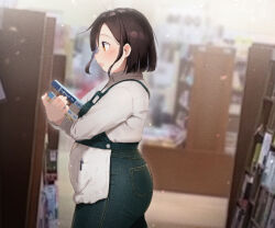 Rule 34 | 1girl, apron, ass, blue pants, blush, book, book stack, bookstore, breasts, brown hair, collared shirt, denim, fat, from side, highres, holding, holding book, indoors, long sleeves, medium breasts, open mouth, original, pants, shiori (plzcallmeshiori), shirt, shop, short hair, small breasts, solo, standing, store clerk, white apron, white shirt