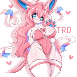 Rule 34 | 1girl, ahoge, animal ears, animal hands, bare hips, blue eyes, blue hair, breasts, cleavage, creatures (company), furry, furry female, game freak, gen 6 pokemon, gluteal fold, hand up, heart, heart-shaped pupils, highres, large breasts, leotard, long hair, looking at viewer, multicolored hair, navel, nintendo, pink hair, pink leotard, pokemon, pokemon (creature), ribbon, sideboob, sylveon, symbol-shaped pupils, tail, thick thighs, thighhighs, thighs, trd-yo, very long hair, white thighhighs, wide hips