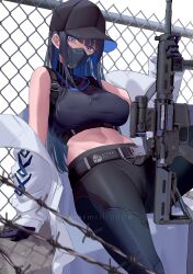 Rule 34 | 1girl, baseball cap, belt, black belt, black gloves, black hair, black hat, black pants, black shirt, blue archive, blue eyes, blue hair, breasts, coat, covered erect nipples, covered mouth, crop top, gloves, gun, hat, highres, holding, holding gun, holding weapon, large breasts, long hair, looking at viewer, mask, midriff, mouth mask, pants, saori (blue archive), shinoda giri, shirt, sitting, sleeveless, sleeveless shirt, solo, weapon, white coat