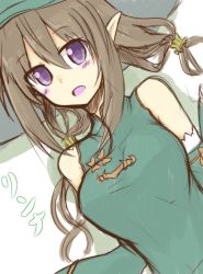Rule 34 | 1girl, bare shoulders, blush, breasts, brown hair, chinese clothes, detached sleeves, dress, female focus, frills, hat, long hair, looking at viewer, moti yousei, open mouth, pointy ears, purple eyes, rinna mayfield, shining (series), shining resonance, simple background, solo, witch hat