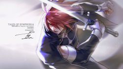 Rule 34 | 1boy, black cape, cape, copyright name, dated, detached sleeves, fingerless gloves, gloves, hair over one eye, holding, holding sword, holding weapon, kratos aurion, male focus, parted lips, red eyes, red hair, shin (sinsin12121), signature, simple background, solo, sword, tales of (series), tales of symphonia, twitter username, weapon, white gloves