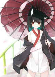 Rule 34 | 1girl, :o, absurdres, animal ear fluff, animal ears, aqua hair, bad id, bad pixiv id, bare shoulders, black hair, blurry, blurry foreground, colored inner hair, commentary request, depth of field, ear down, fox ears, hair between eyes, highres, holding, holding umbrella, japanese clothes, kimono, long hair, long sleeves, looking at viewer, memekko, multicolored hair, off shoulder, oil-paper umbrella, open clothes, original, parted lips, petals, pinky out, railing, red eyes, red umbrella, solo, standing, two-tone hair, umbrella, white kimono, wide sleeves