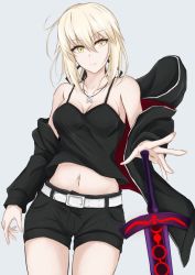 Rule 34 | 1girl, artoria pendragon (all), artoria pendragon (fate), bare shoulders, belt, black shorts, blonde hair, breasts, cleavage, commentary request, fate/grand order, fate/stay night, fate (series), hood, hooded jacket, jacket, looking at viewer, midriff, off shoulder, official alternate costume, saber alter, saber alter (ver. shinjuku 1999) (fate), short shorts, shorts, solo, spaghetti strap, sword, thighs, watarase piro, weapon, white belt, yellow eyes