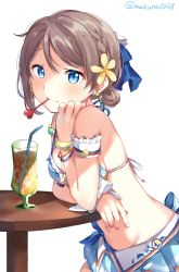 Rule 34 | 1girl, arm rest, armband, bad id, bad twitter id, bangle, bikini, bikini skirt, bikini top only, blue eyes, blush, bow, bow bikini, bracelet, braid, breasts, cup, drinking glass, drinking straw, earrings, elbow rest, flower, grey hair, hair flower, hair ornament, hand on own face, heart, highres, jewelry, looking at viewer, love live!, love live! school idol festival, love live! sunshine!!, makura (makura0128), medium breasts, mouth hold, navel, sideboob, signature, simple background, solo, swimsuit, table, tropical drink, watanabe you, white background, wristband, yellow flower