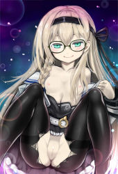 Rule 34 | 1girl, ajitarou (setsu), bar censor, belt, black pantyhose, blush, breasts, cameltoe, censored, cleavage, cleft of venus, collarbone, commentary request, glasses, green eyes, gretel (mary skelter), hair between eyes, headband, highres, light brown hair, long hair, mary skelter, navel, open clothes, open shirt, pantyhose, pussy, sitting, small breasts, smile, solo, spread legs, torn clothes, torn pantyhose, underwear