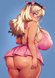 Rule 34 | 1girl, alternate breast size, alternate hair color, alternate skin color, arm at side, ass, back, bespectacled, black hair, black panties, blonde hair, blue background, blue eyes, bow, breasts, commission, dark-skinned female, dark skin, dress, dress bow, ereshkigal (fate), fake nails, fate/stay night, fate (series), fingernails, from behind, glasses, gyaru, hair bow, hair dye, heart, heart-shaped eyewear, highres, huge breasts, keigi, long hair, looking at viewer, looking back, medium hair, microdress, nail polish, panties, pink-framed eyewear, pink bow, pink dress, pink nails, pink theme, plump, shortstack, sideboob, solo, thick thighs, thighs, thong, tohsaka rin, two side up, underwear