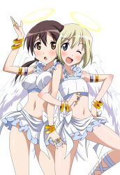 Rule 34 | 2girls, :o, ;d, absurdres, angel wings, ankle lace-up, armlet, blonde hair, blue eyes, blush, bow, bracelet, breasts, brown eyes, brown hair, cosplay, costume, crop top, cross-laced footwear, erica hartmann, feathers, flat chest, frills, gertrud barkhorn, hair ribbon, halo, halterneck, hand on own hip, highres, jewelry, mc axis, medium breasts, midriff, miniskirt, multiple girls, navel, one eye closed, onoda masahito, open mouth, ribbon, ring, short hair, simple background, skirt, smile, strike witches, twintails, vector trace, white background, wings, world witches series