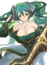 Rule 34 | 1girl, bare shoulders, breasts, cleavage, etwahl, green eyes, green hair, large breasts, league of legends, light smile, long hair, looking at viewer, low neckline, pupps, solo, sona (league of legends), twintails